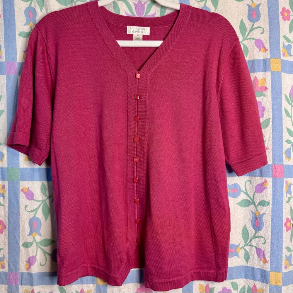 Women’s Christopher & Banks Magenta Short Sleeve Cardigan With Square Buttons